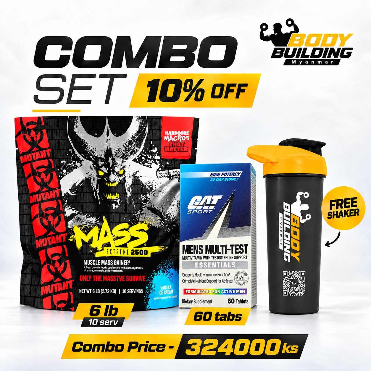 (10%OFF) MUTANT MASS (6LB) + GAT MULTI+TEST (60 TABS) +  FREE SHAKER
