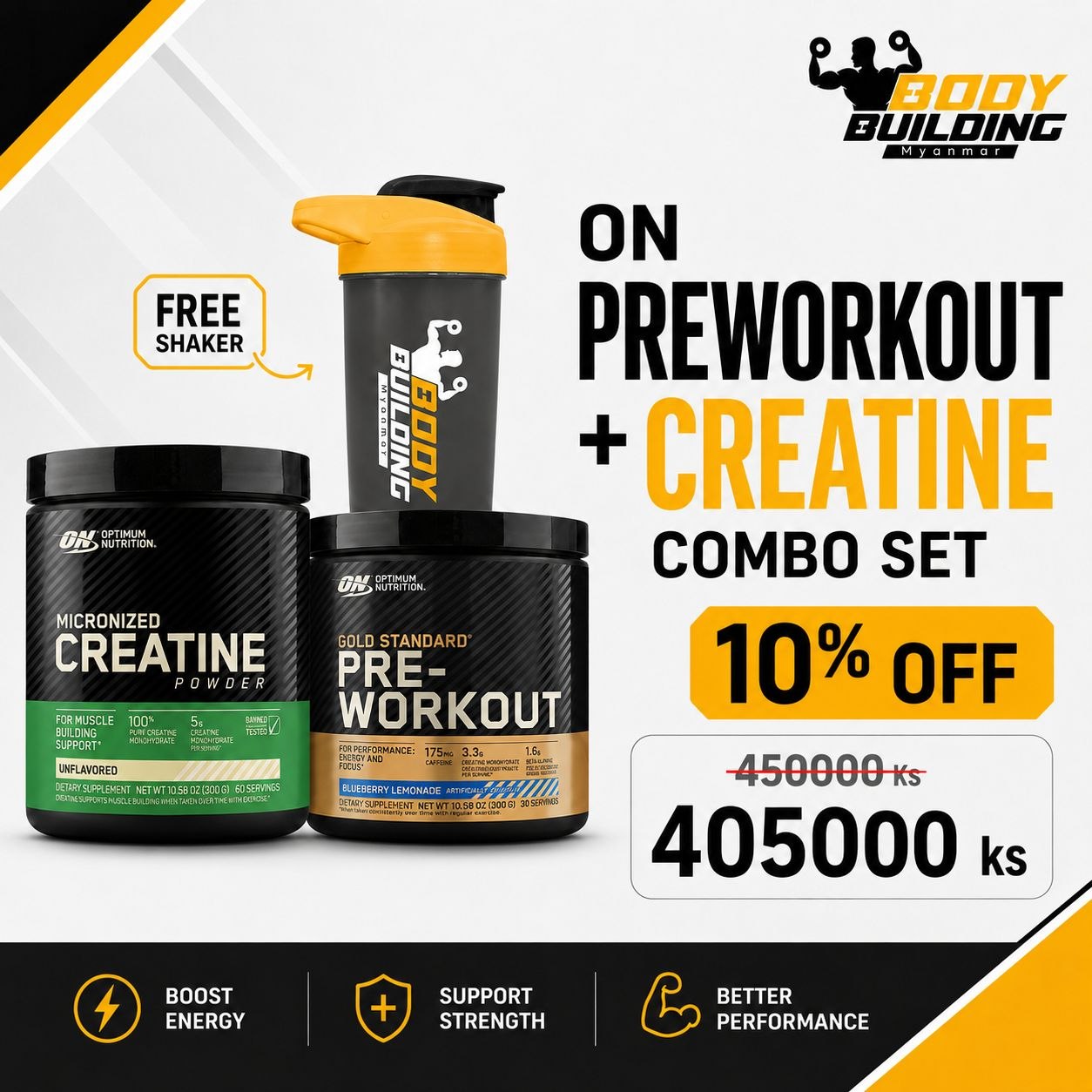 ON Pre-Workout + Creatine Combo Set + FREE Shaker